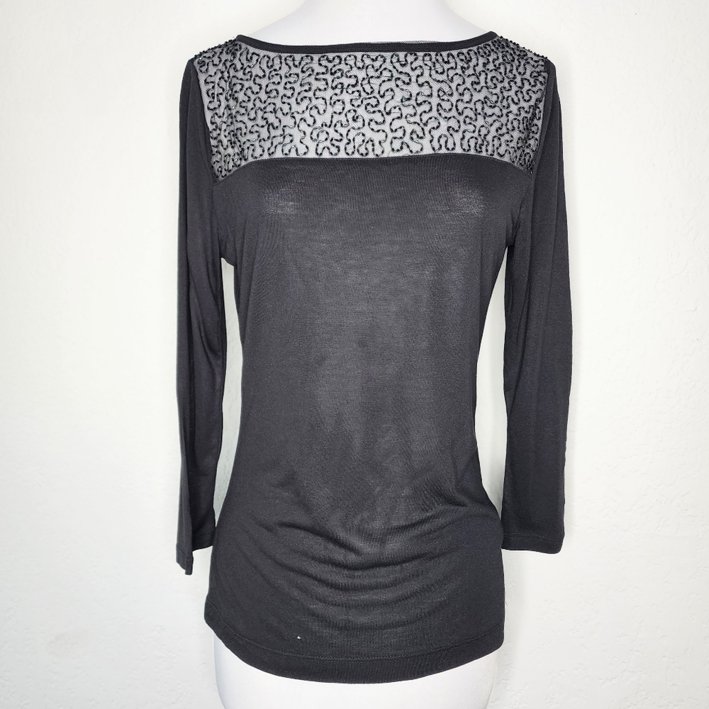 Lauren Ralph Lauren Sz S Black Beaded Embroidered Top w Sheer Mesh Panel